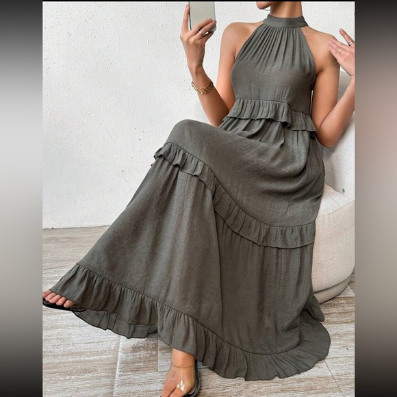 Boho Halter Neck Maxi Ruffle Tiered Dress - Picture 1 of 3